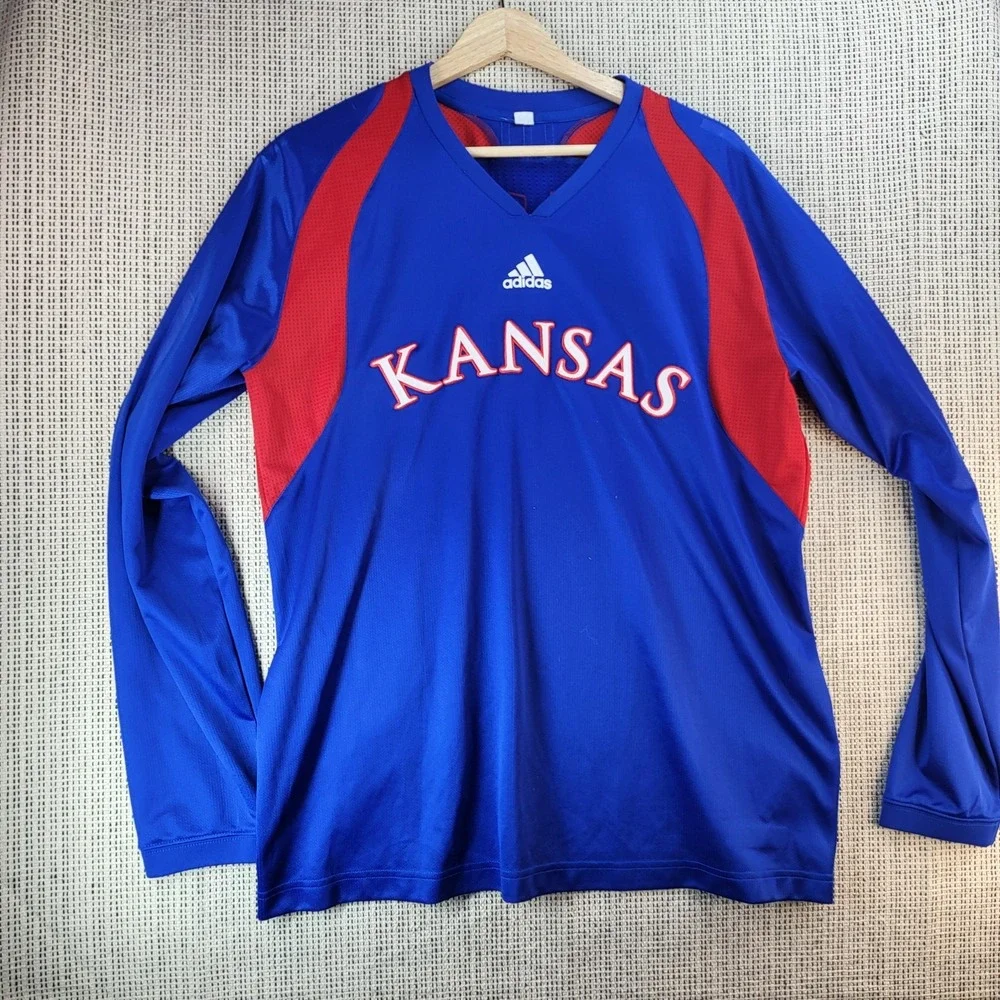 Kansas Jayhawks Shirt Mens Long Sleeve Blue NCAA Basketball‎ Performance Adidas